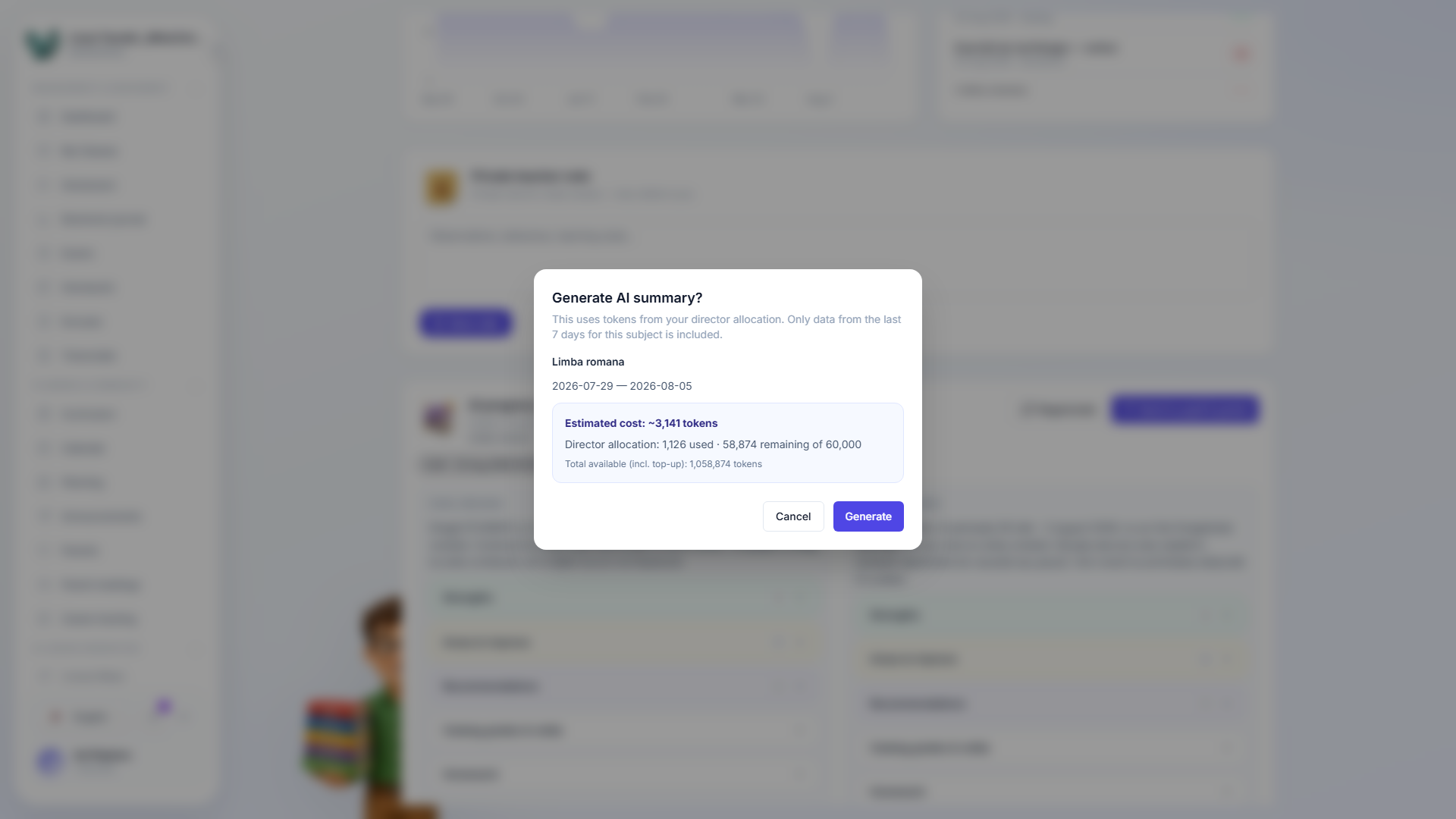 The Generate AI summary confirmation dialog, showing the subject and date range it covers, the estimated token cost, and how many tokens remain from the teacher's allocation, with Cancel and Generate buttons