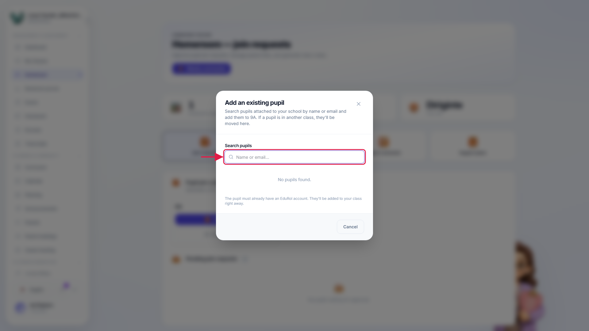The search dialog for adding a pupil who already has an account