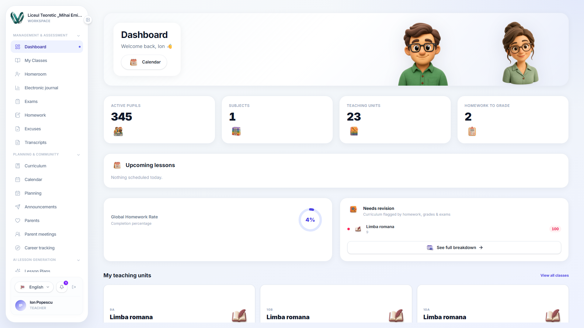 The teacher dashboard after finishing setup