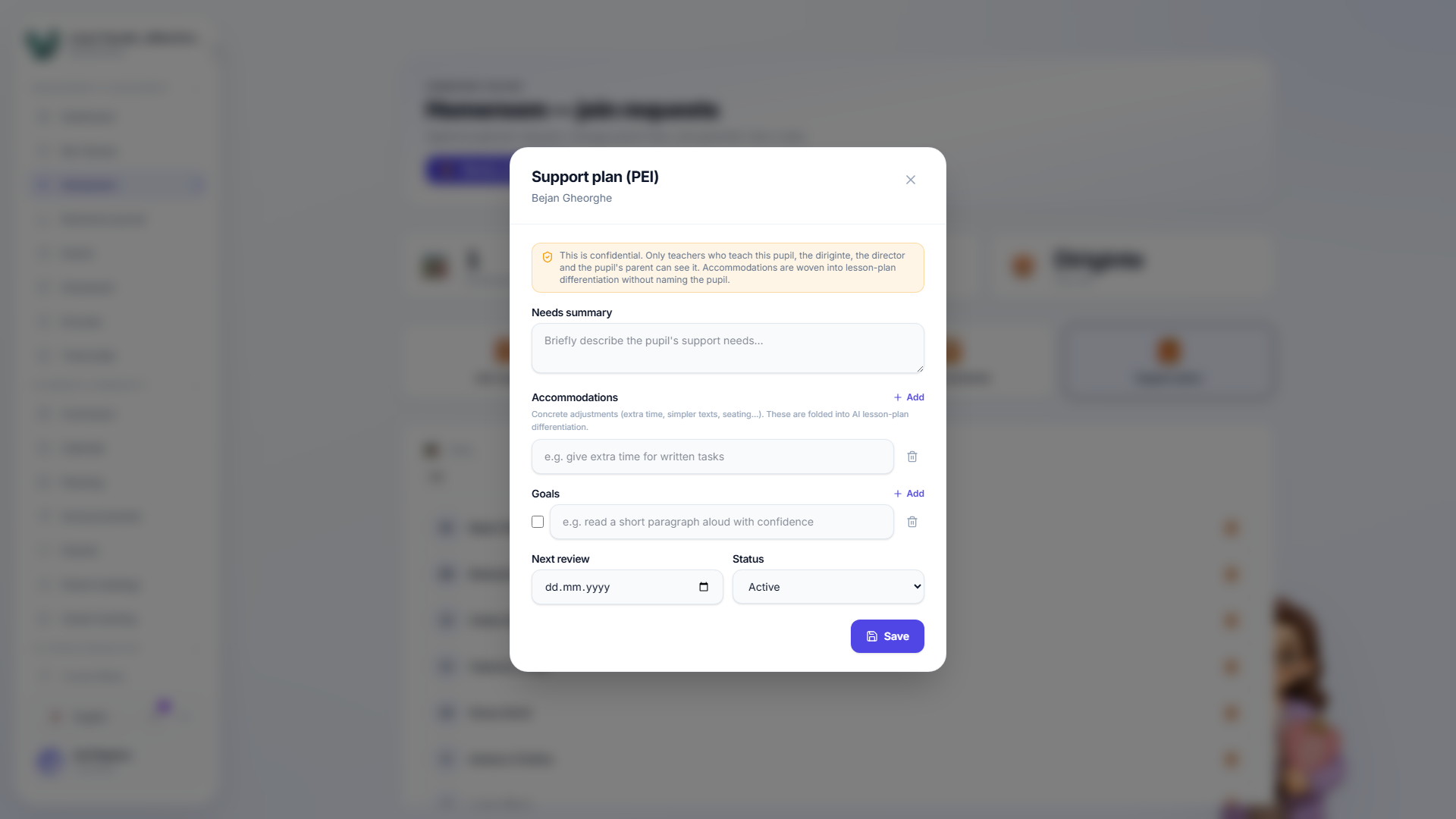The support plan editor showing needs, accommodations and goals