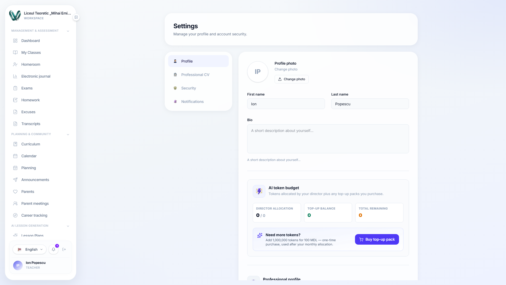 The token budget panel in settings
