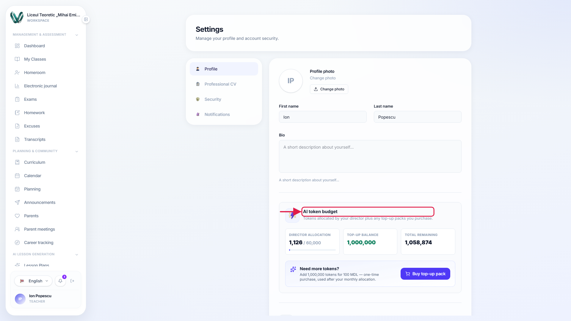 The token budget panel — the allowance, what has been used and what is left
