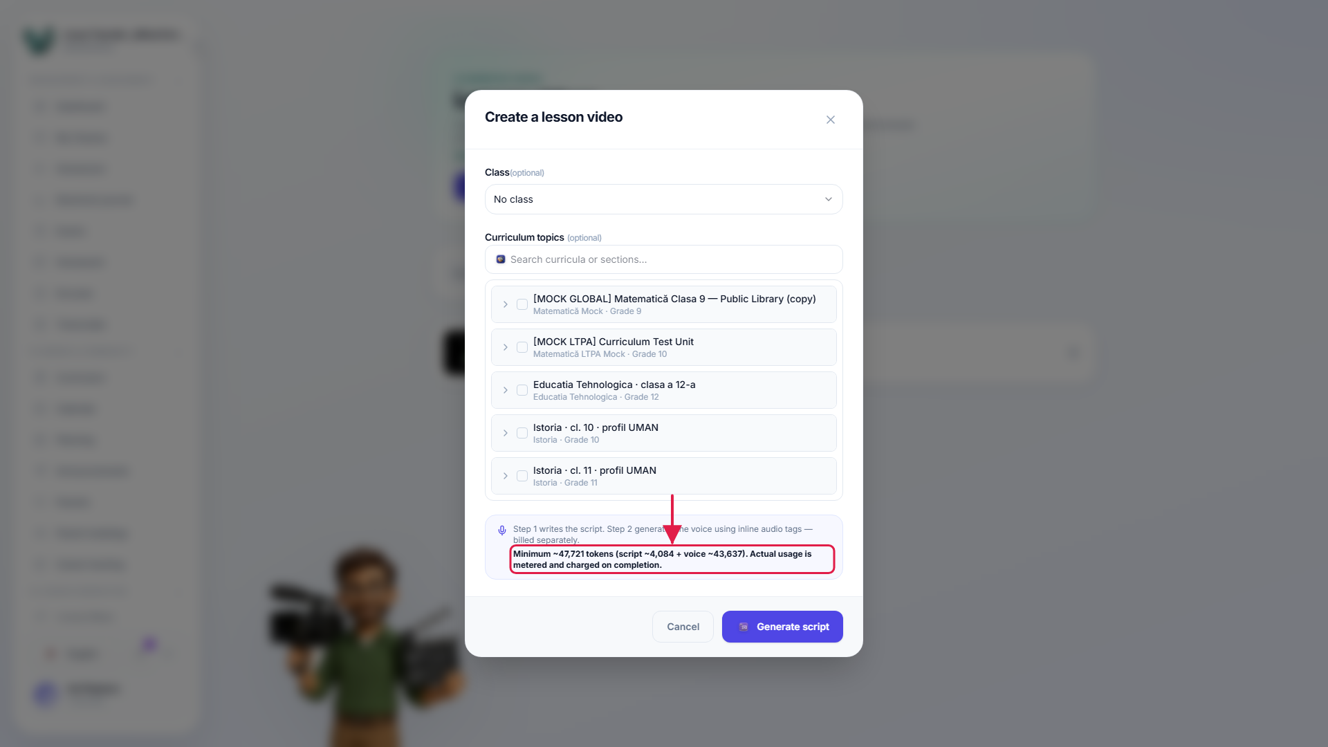 The new-video dialog showing the estimated token cost