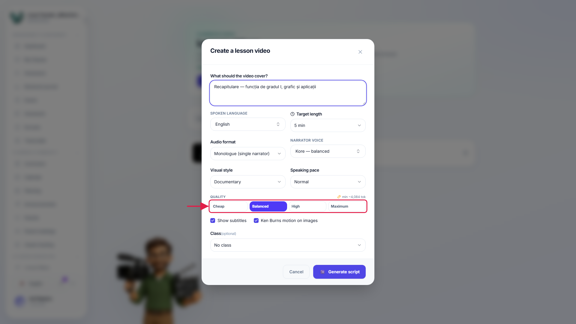 The new-video dialog with the quality tier selector