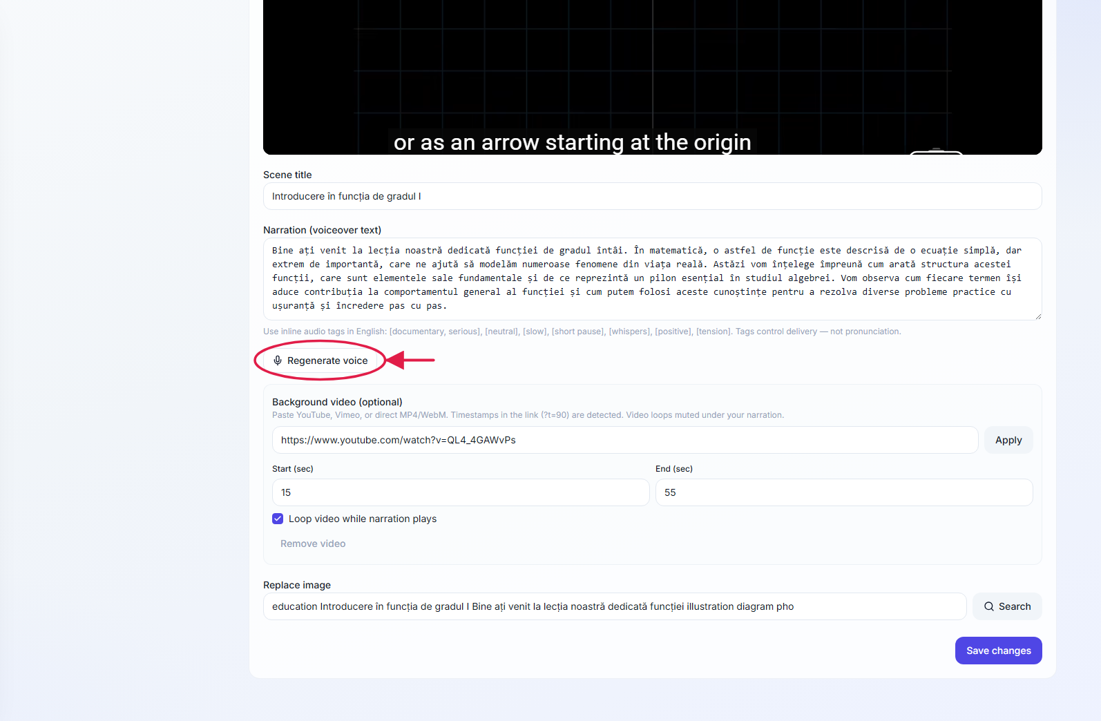 The video scene editor — scene title, narration, background video with start and end seconds, and replace image, with Regenerate voice highlighted