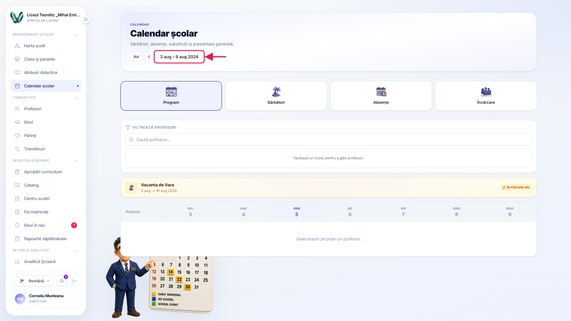 Bara de instrumente săptămânală a filei Program, cu controlul intervalului de date curent evidențiat — făcând clic pe el se deschide un selector lunar pentru a sări la orice săptămână