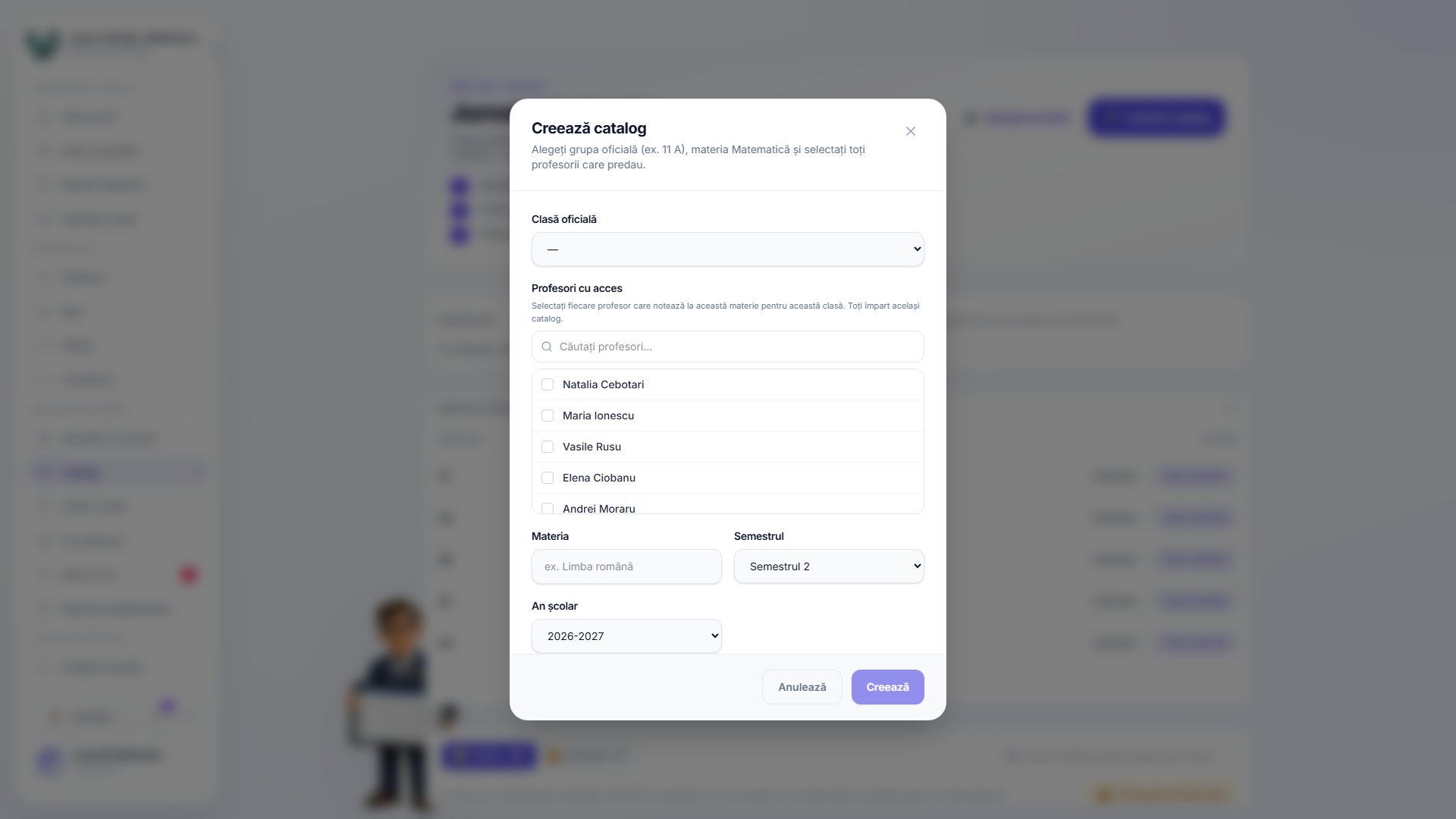 Create catalog modal with an official class dropdown, a searchable checklist of teachers with access, a subject name field, and semester and academic-year dropdowns