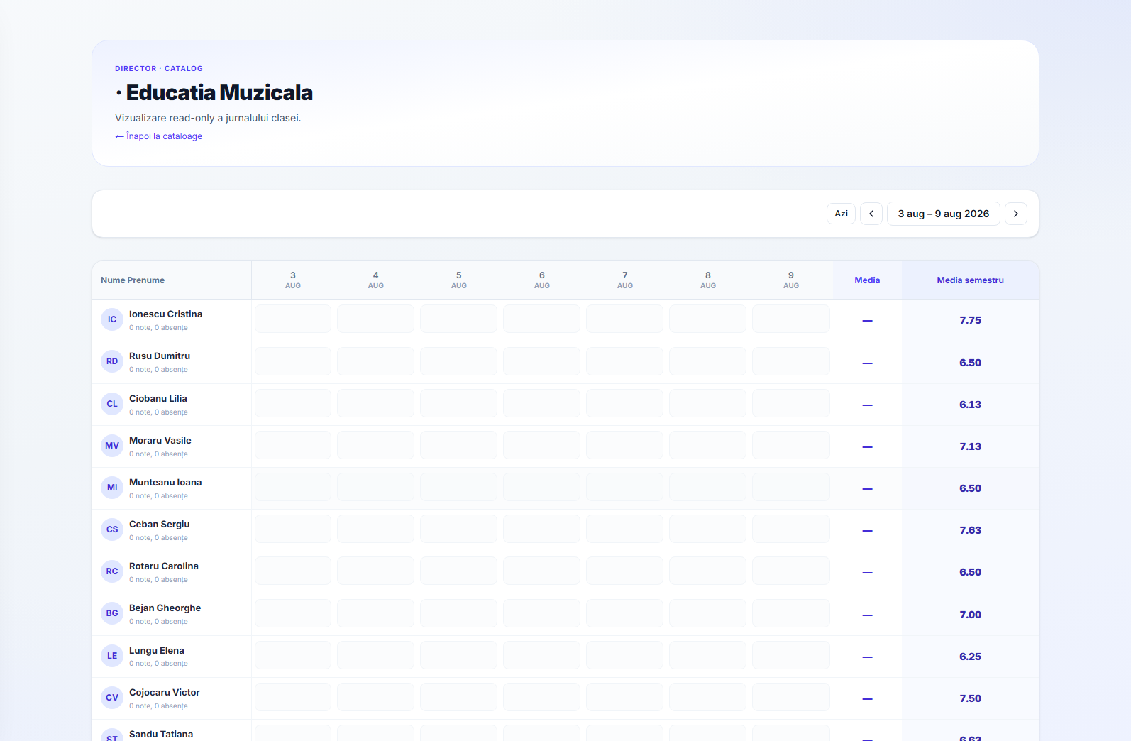 Read-only Educatia Muzicala grading grid for one week, listing pupils by name with a column per day and Media and Media semestru columns on the right