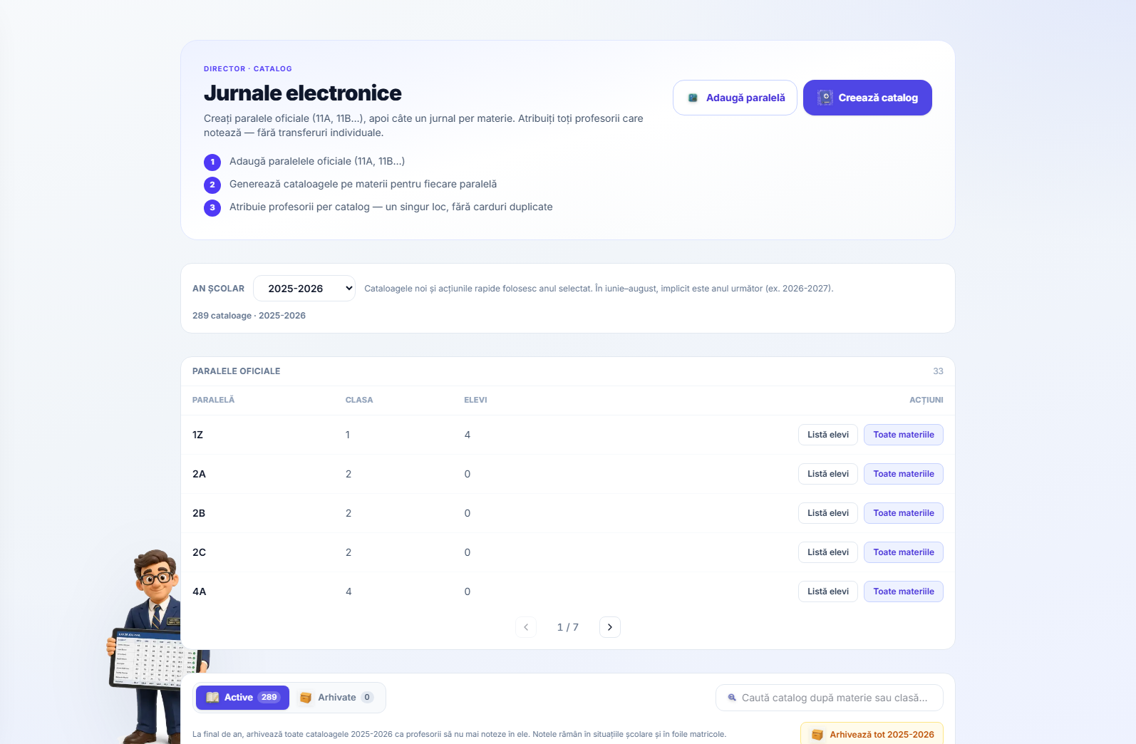 Top of the Electronic journals page: Add parallel and Create catalog buttons, an academic-year selector reading 289 catalogues for 2025-2026, and a table of official parallels — 1Z, 2A, 2B, 2C, 4A — each with List pupils and All subjects buttons
