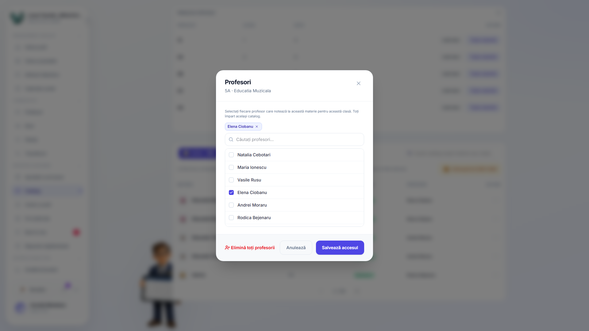 Teachers modal for 5A Educatia Muzicala with Elena Ciobanu selected from a checklist of teachers, and Clear all teachers, Cancel and Save access buttons
