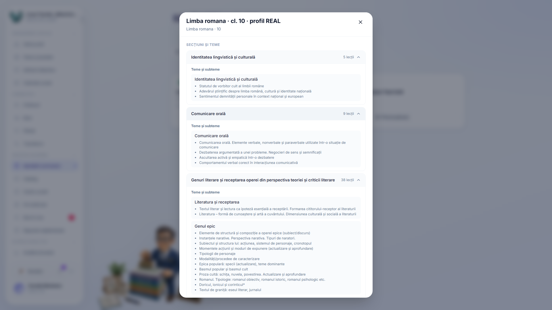 Modalul de previzualizare a curriculumului listând fiecare secțiune a unui curriculum cu numărul său de lecții, extins pentru a afișa subiectele și sub-subiectele din interiorul unei secțiuni