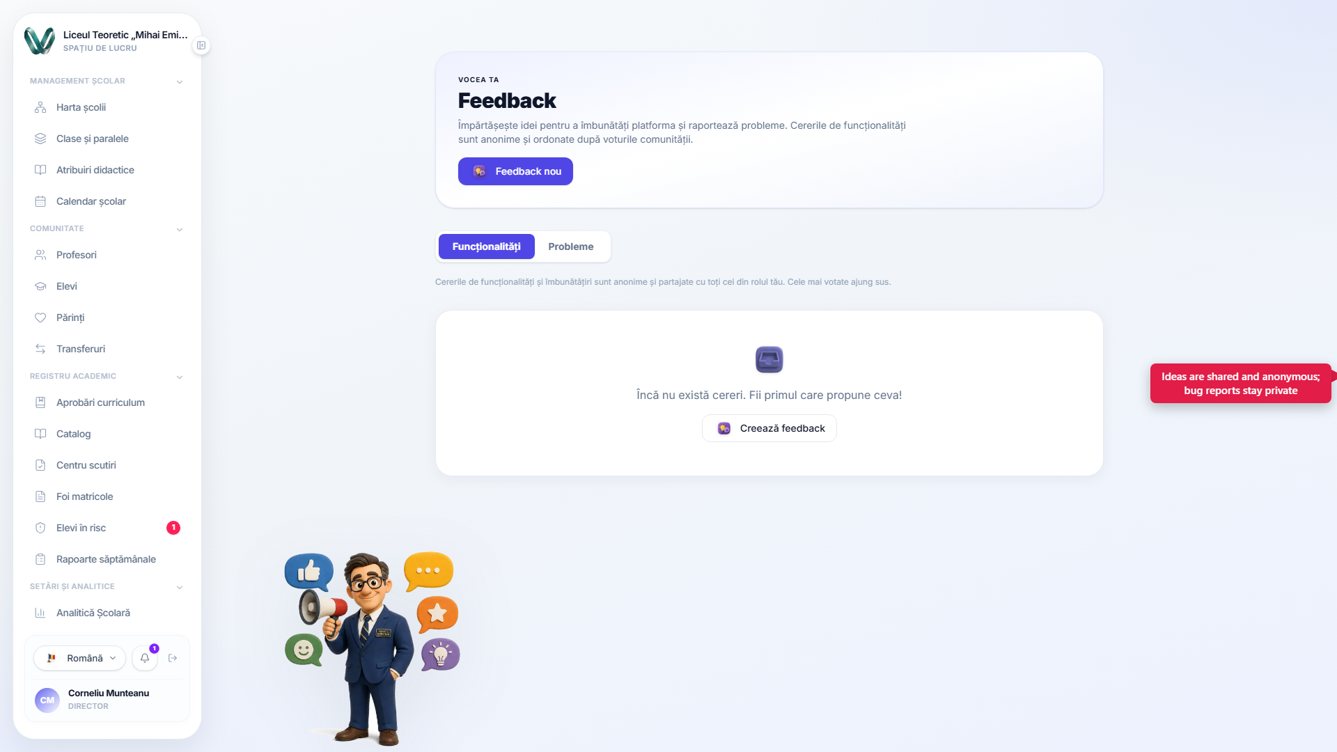 Pagina de Feedback și raportare erori