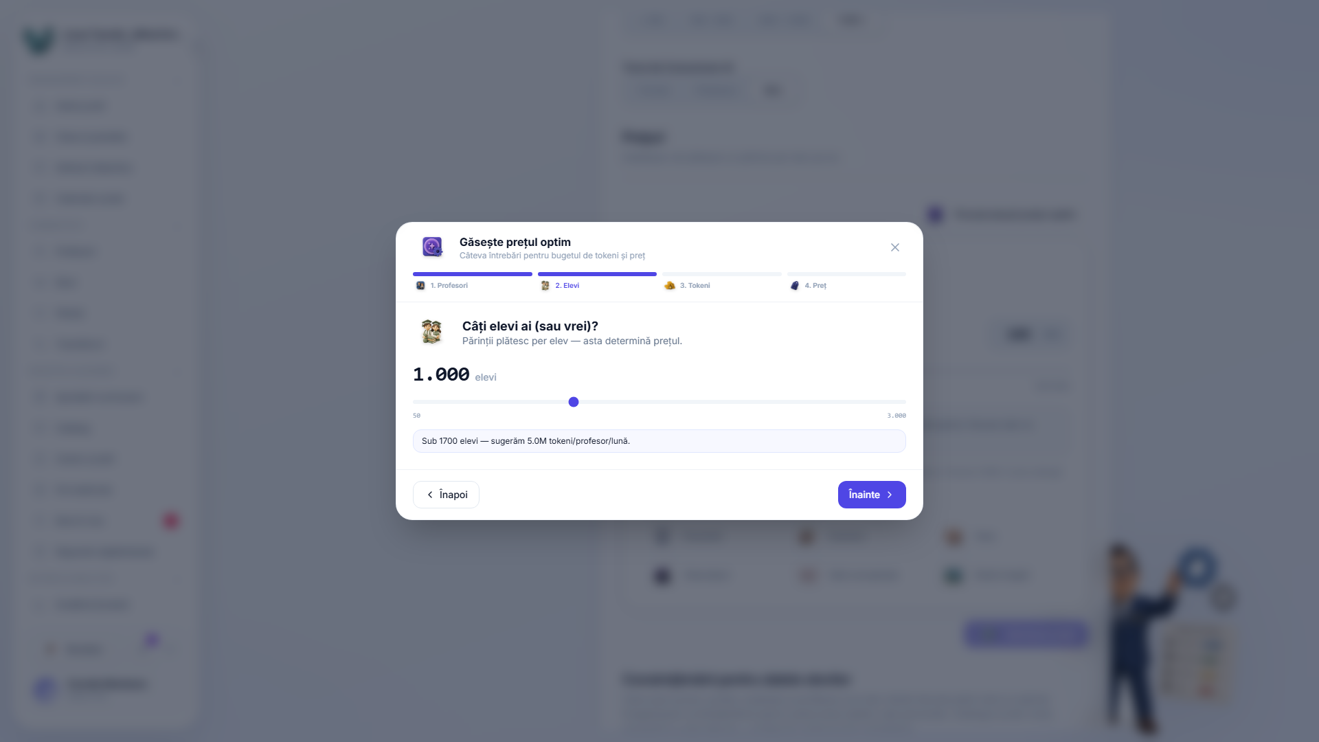 Expertul de precalculare pasul 2 — un glisor care întreabă câți elevi are școala, cu un buget lunar sugerat de tokeni per profesor dedesubt