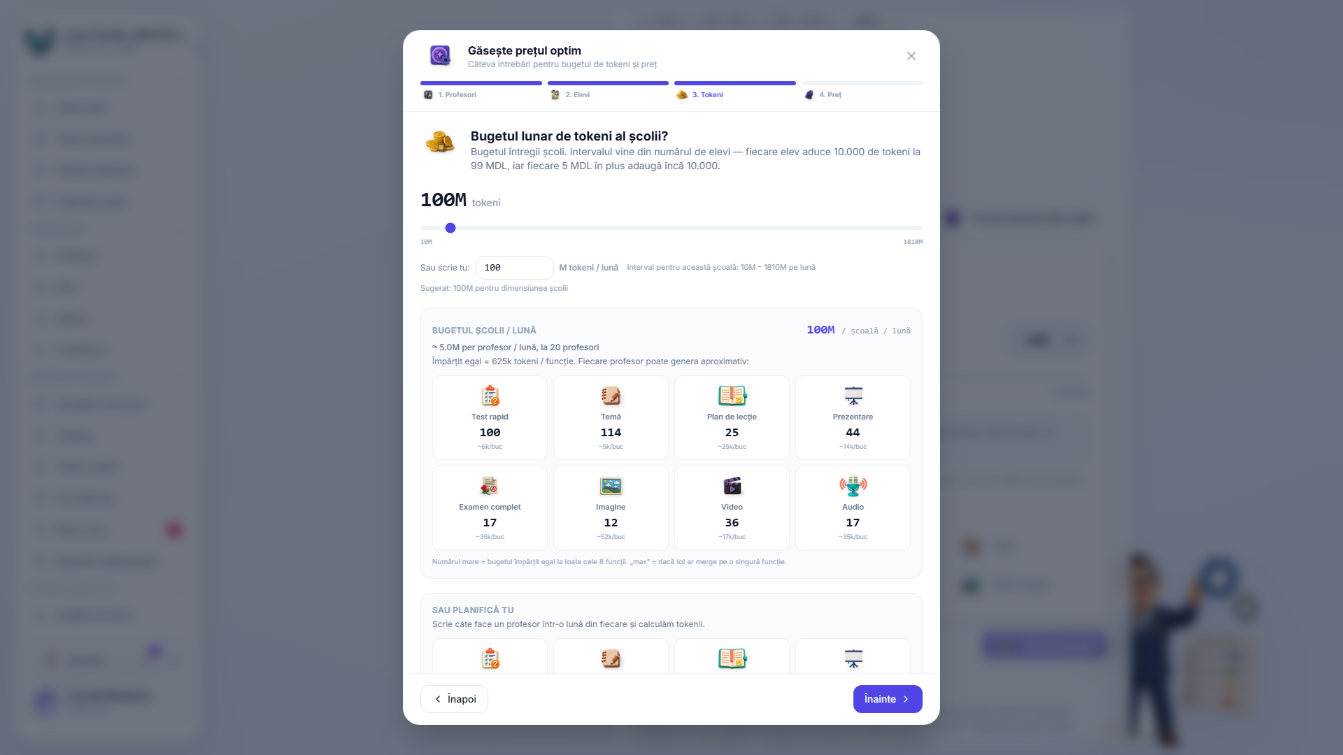 Expertul de precalculare pasul 3 — glisorul bugetului lunar de tokeni, un câmp numeric pentru milioane de tokeni și o defalcare per funcție a aproximativ câtor chestionare, planuri de lecție, examene, imagini, videoclipuri și clipuri audio cumpără acel buget