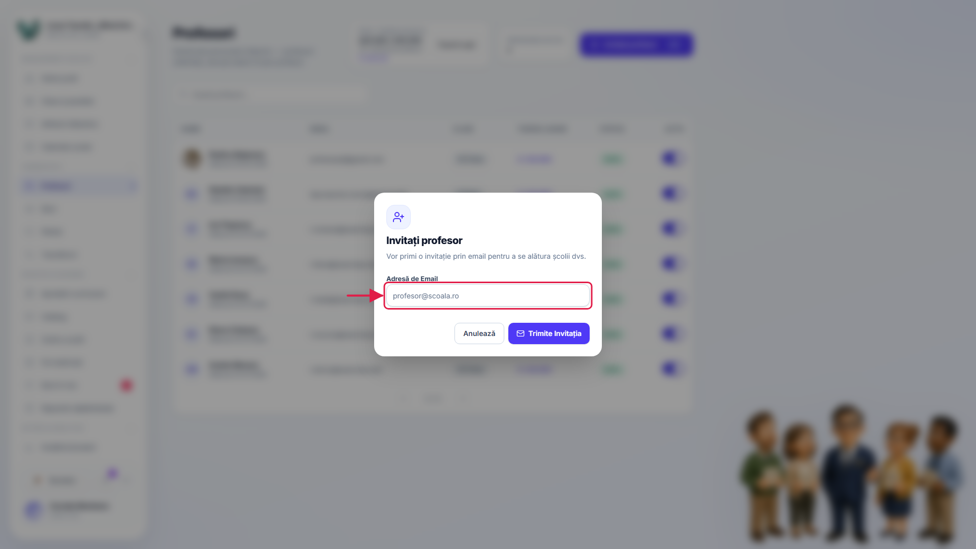 Formularul de invitație a profesorului cu câmpul de e-mail marcat
