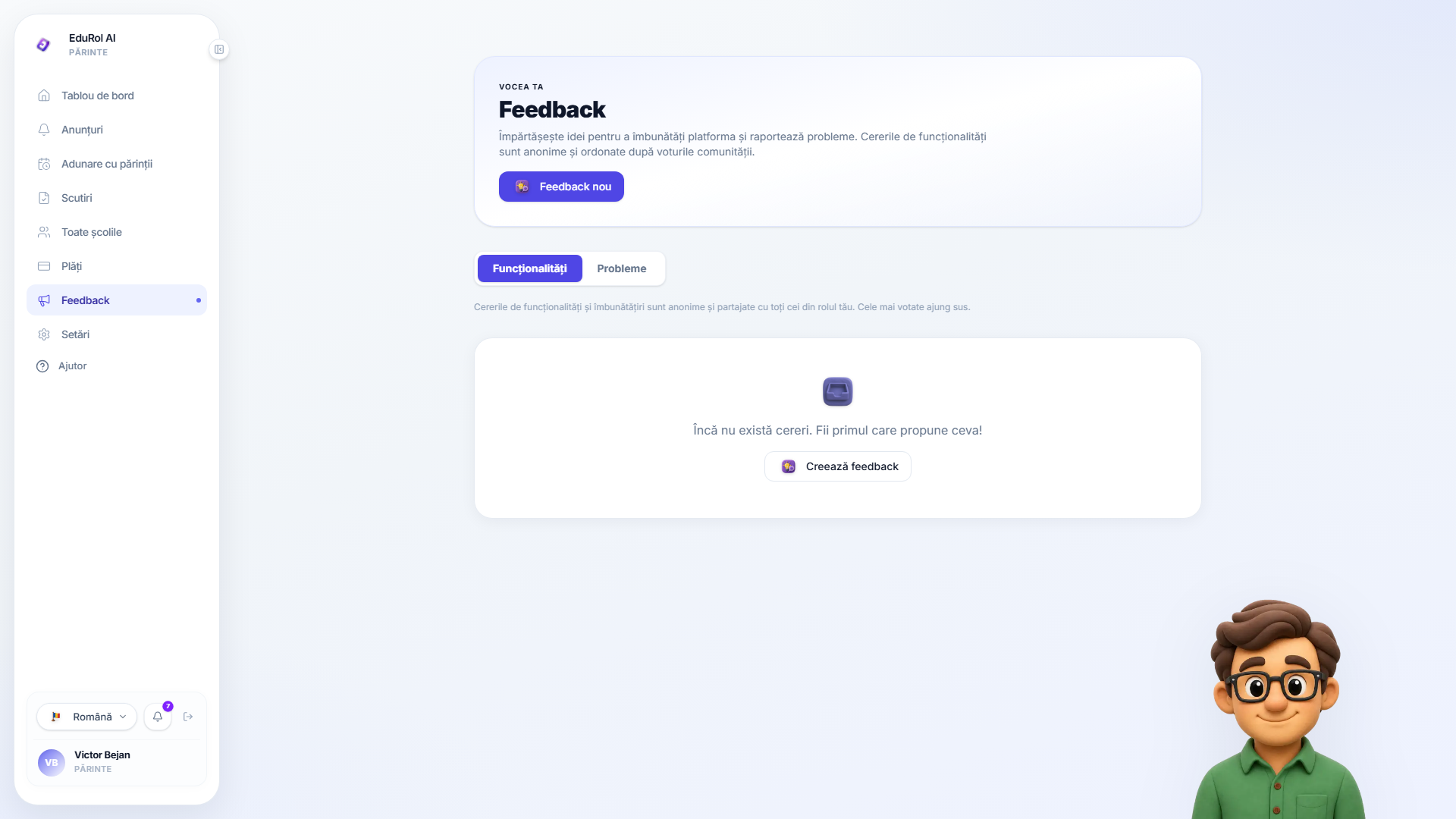 Ecranul Feedback și raportarea erorilor
