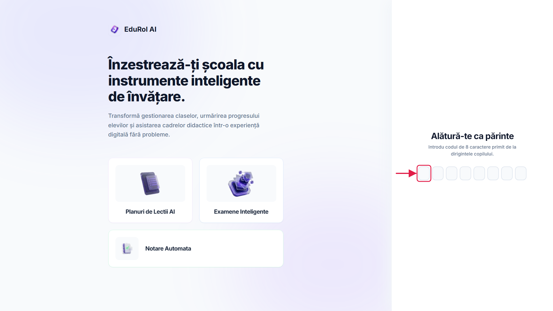 Ecranul de alăturare la o școală cu câmpul pentru cod marcat