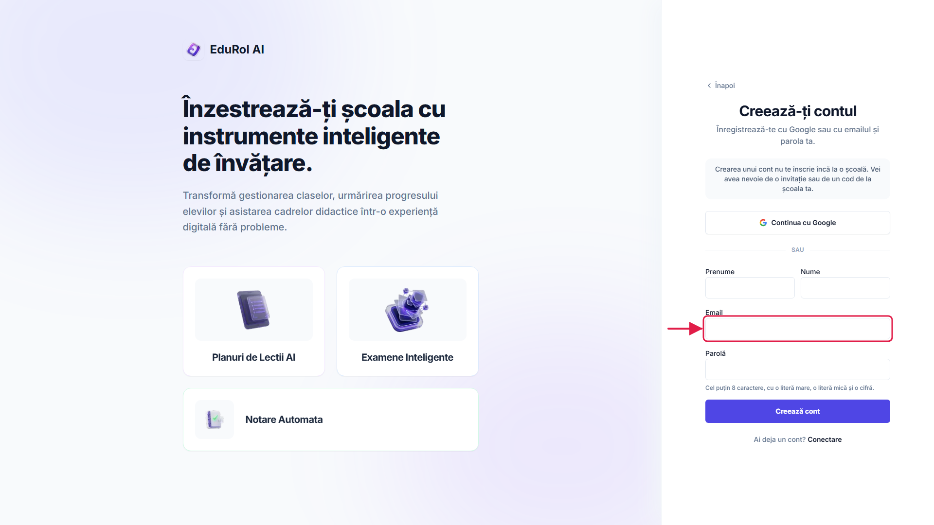Formularul de înregistrare pentru părinți cu câmpurile de email și parolă marcate
