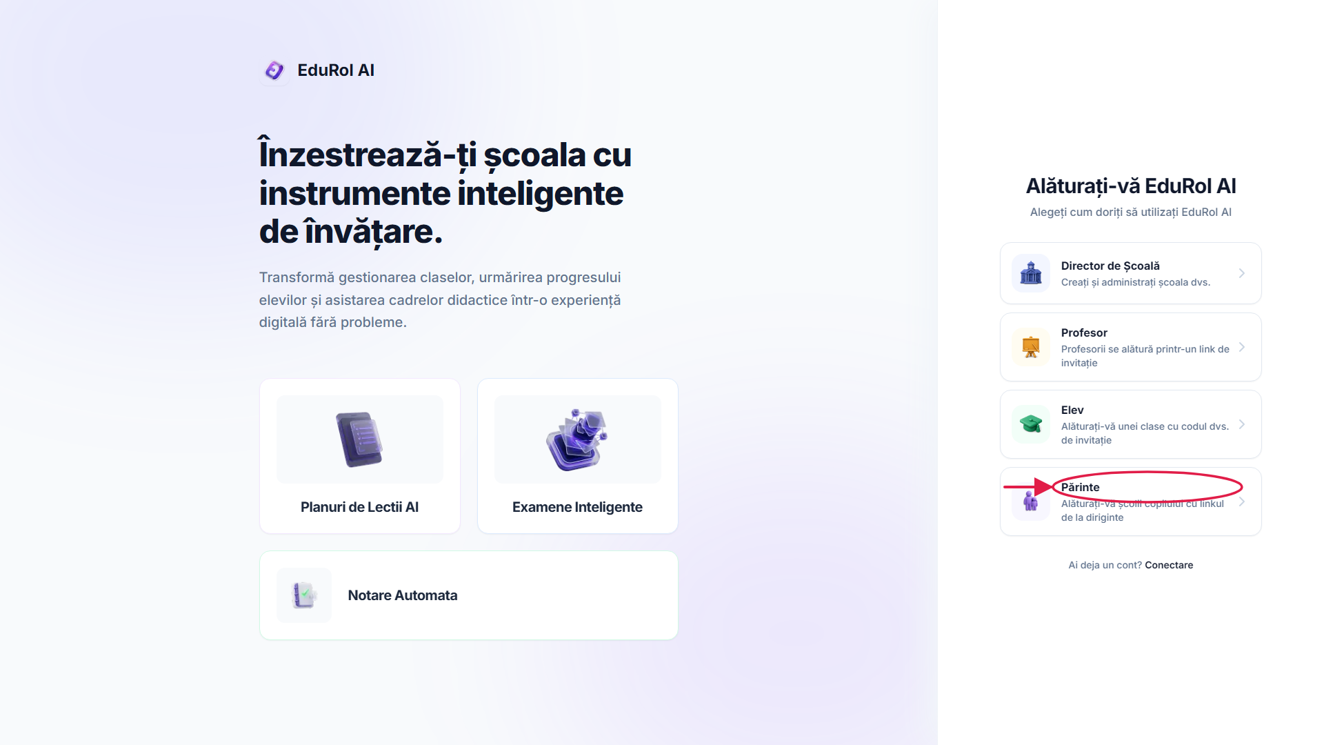 Pagina de înregistrare cu rolul de părinte marcat