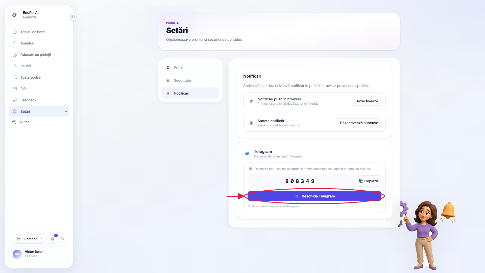 Controlul care deschide botul EduRol în Telegram