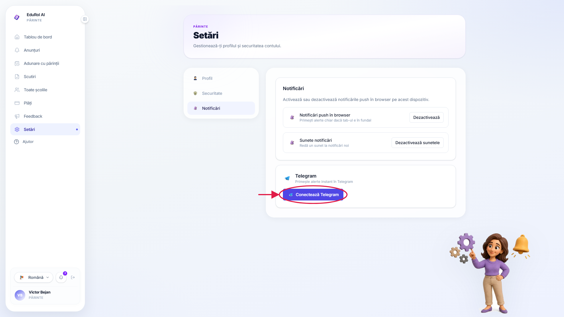 Pagina de setări a notificărilor cu secțiunea Telegram marcată