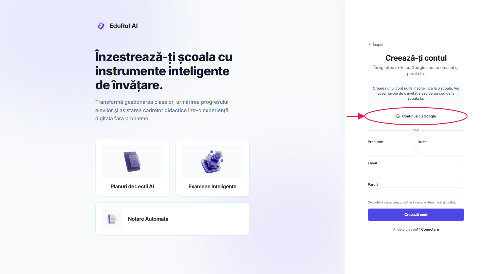 Pasul de conectare al elevului, arătând butonul Google