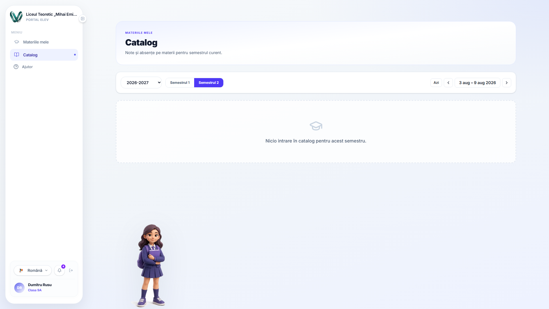Ce vede un elev neplătit — catalogul, restul portalului fiind absent
