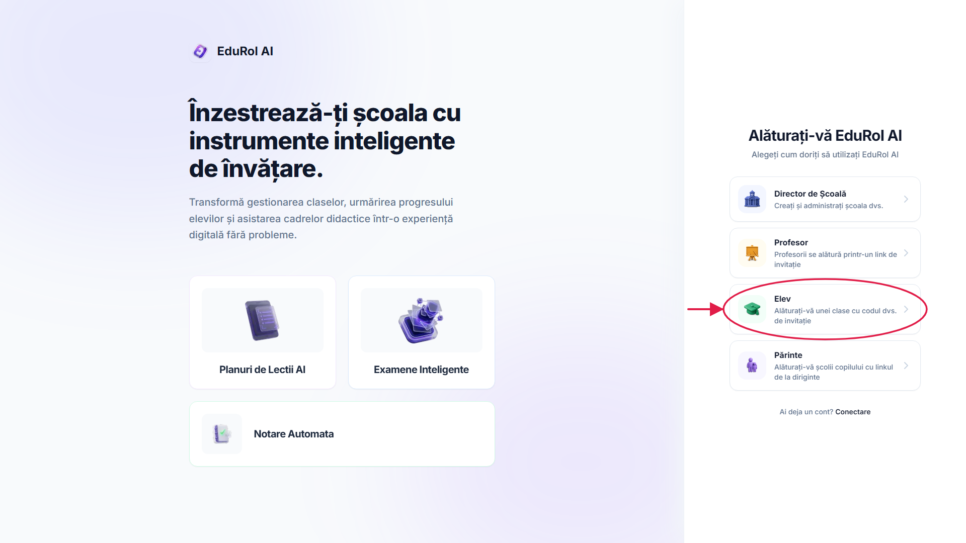 Pagina de înregistrare cu rolul de elev marcat