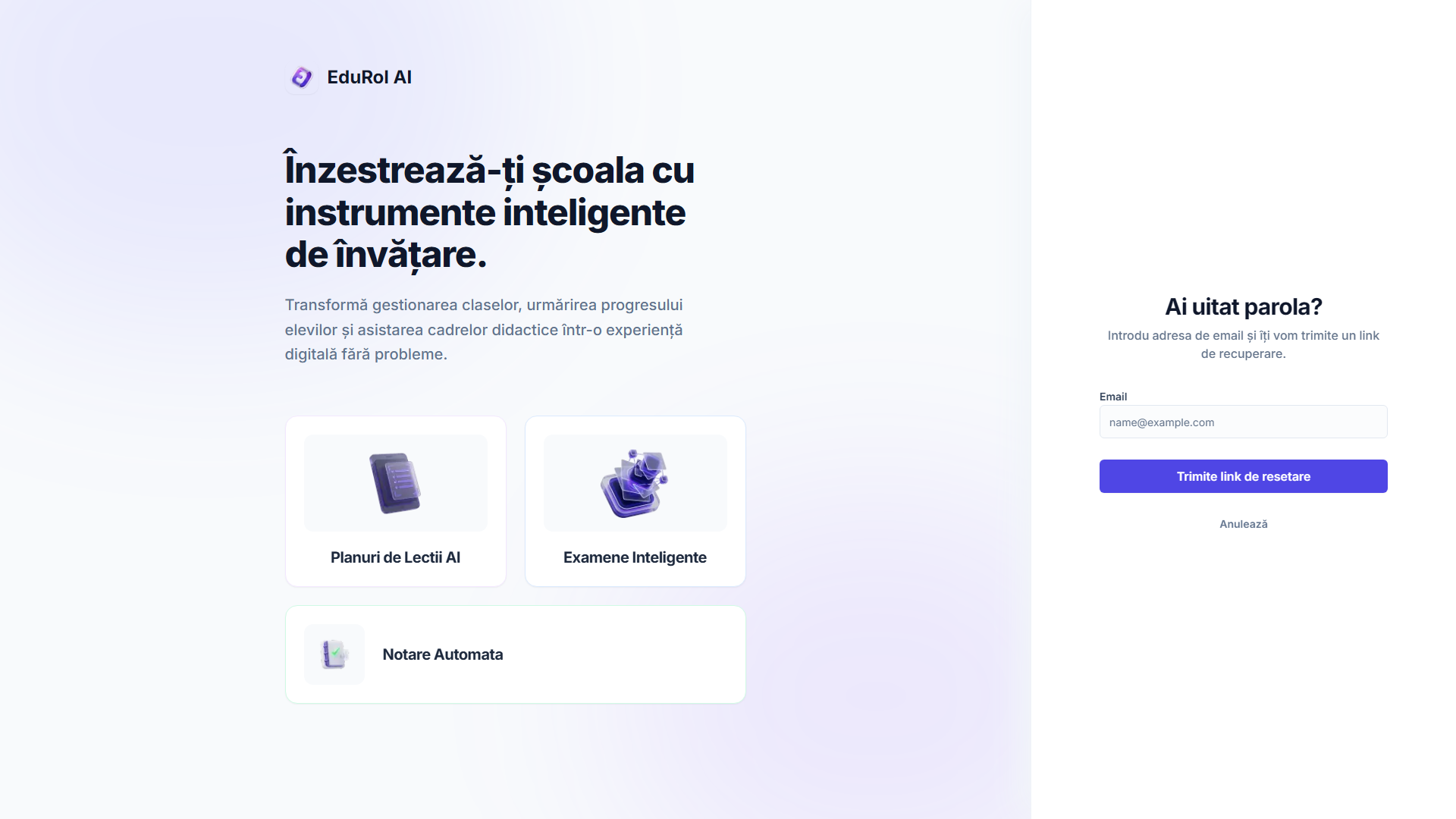 Ecranul de solicitare a resetării parolei