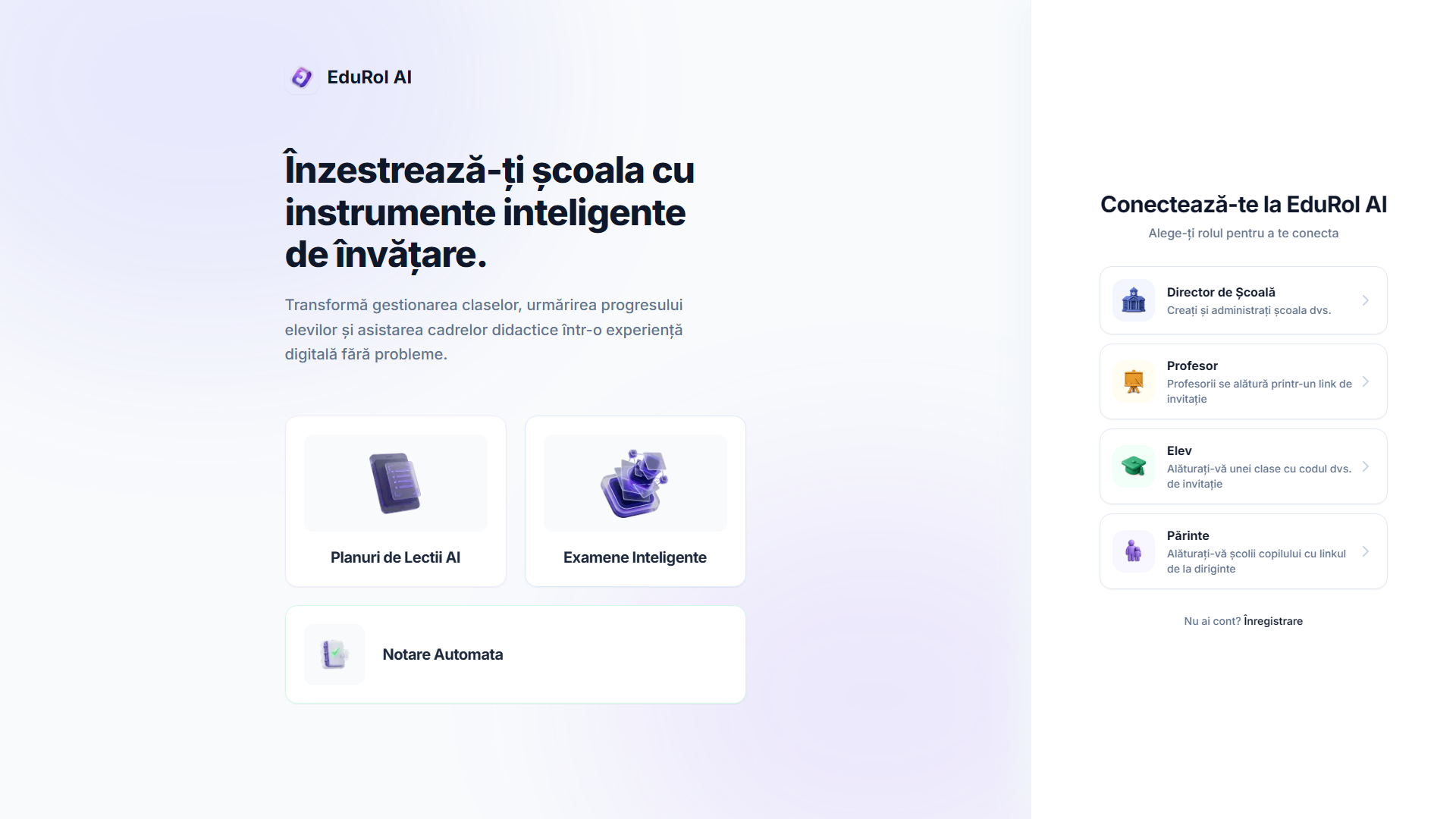 Ecranul de autentificare care arată patru carduri de rol: director, profesor, elev și părinte