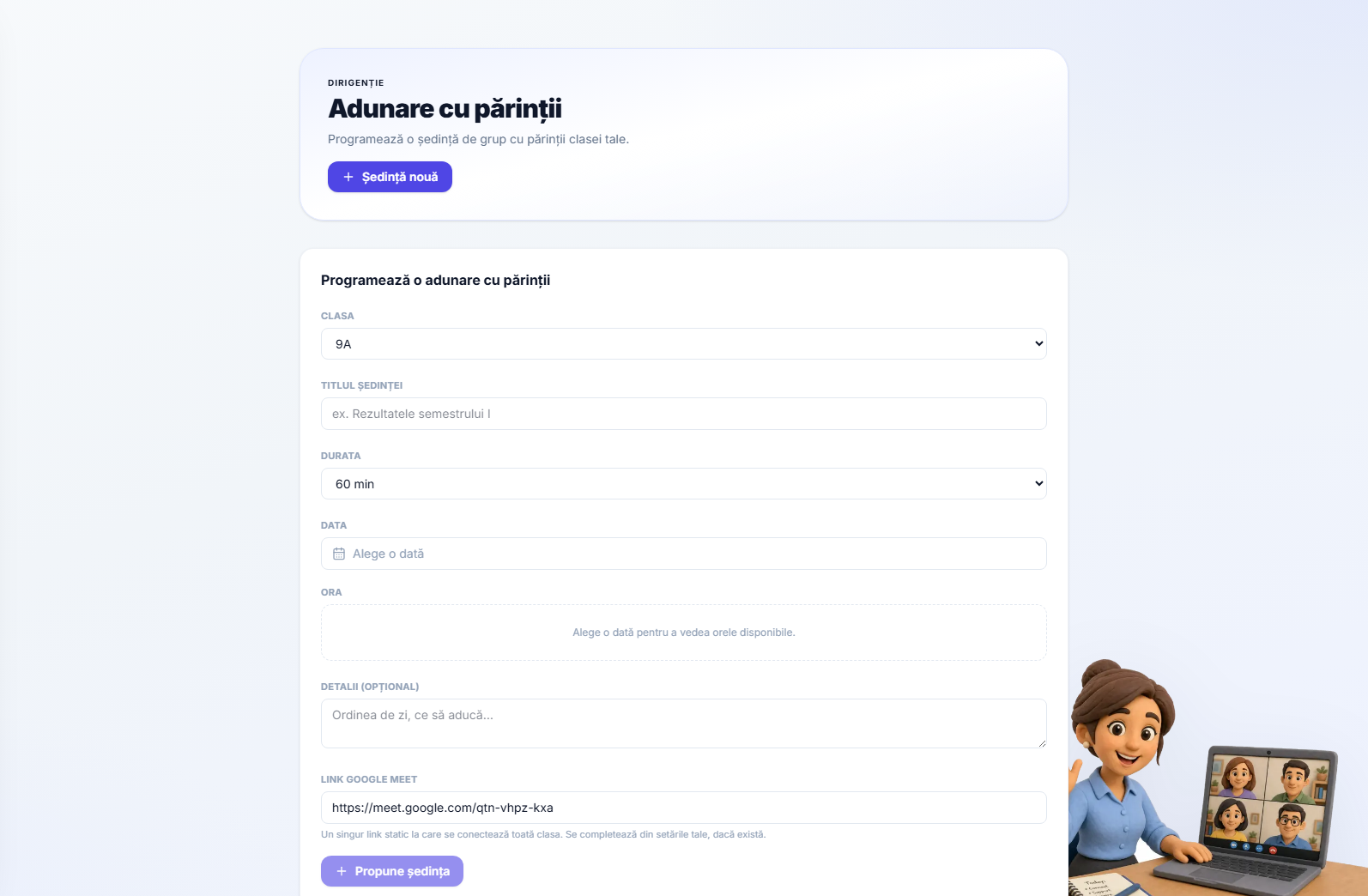 Formularul de programare a adunării — clasa, data, ora și linkul întâlnirii