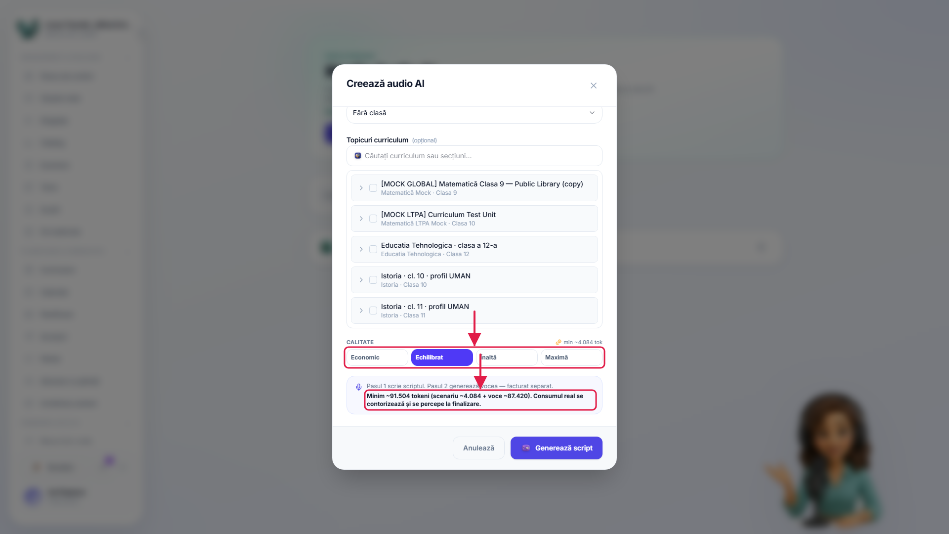 Dialogul audio nou care arată nivelurile de calitate și costul estimat în tokeni pentru fiecare