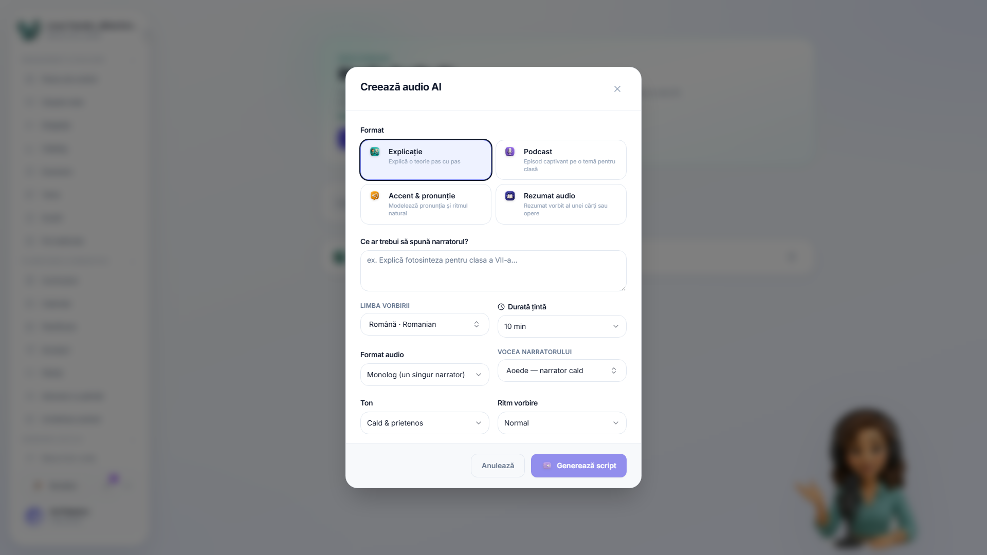 Dialogul audio nou cu opțiunile de tip audio