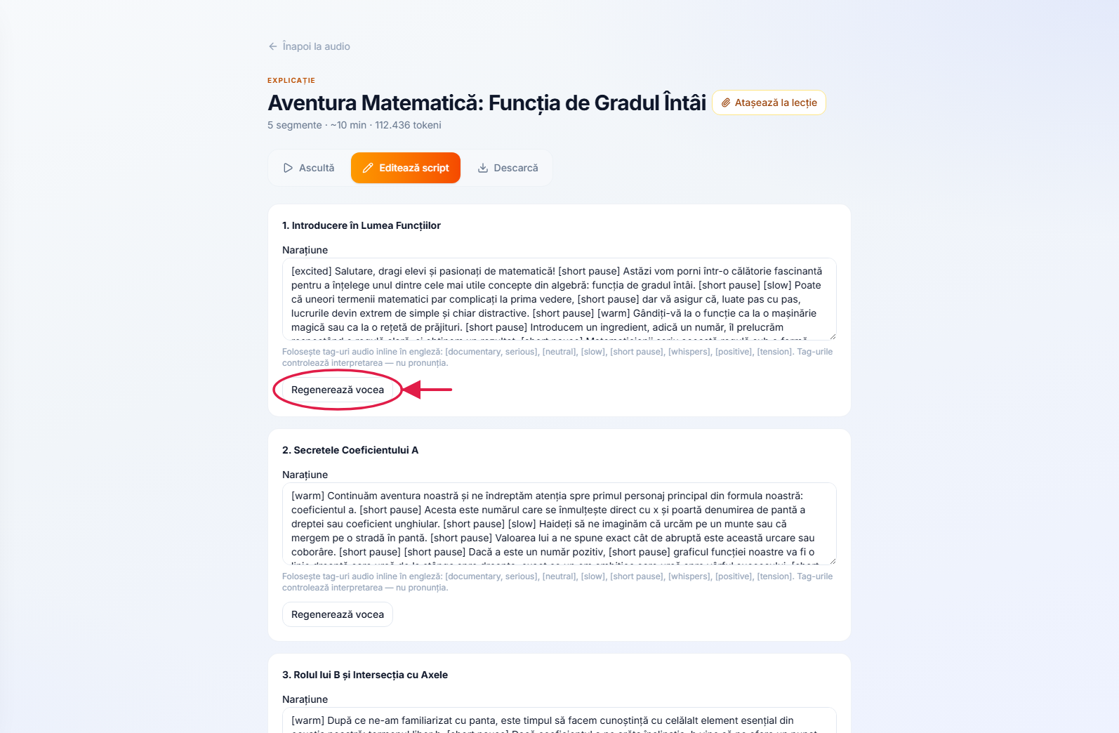 Editorul de script audio — o casetă de narațiune per segment, cu butonul Regenerează vocea per segment evidențiat