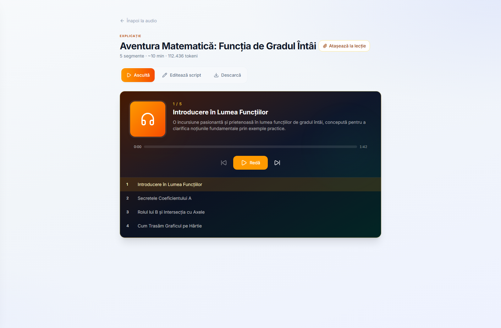 Un element audio finalizat — segmentele sale, durata și costul în tokeni, cu Ascultă, Editează script și Descarcă