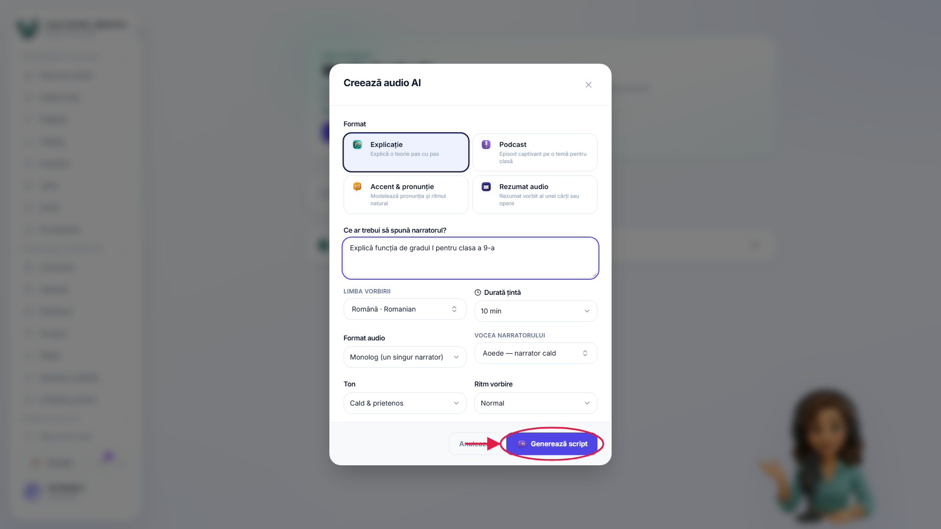 Dialogul audio nou cu butonul de generare evidențiat