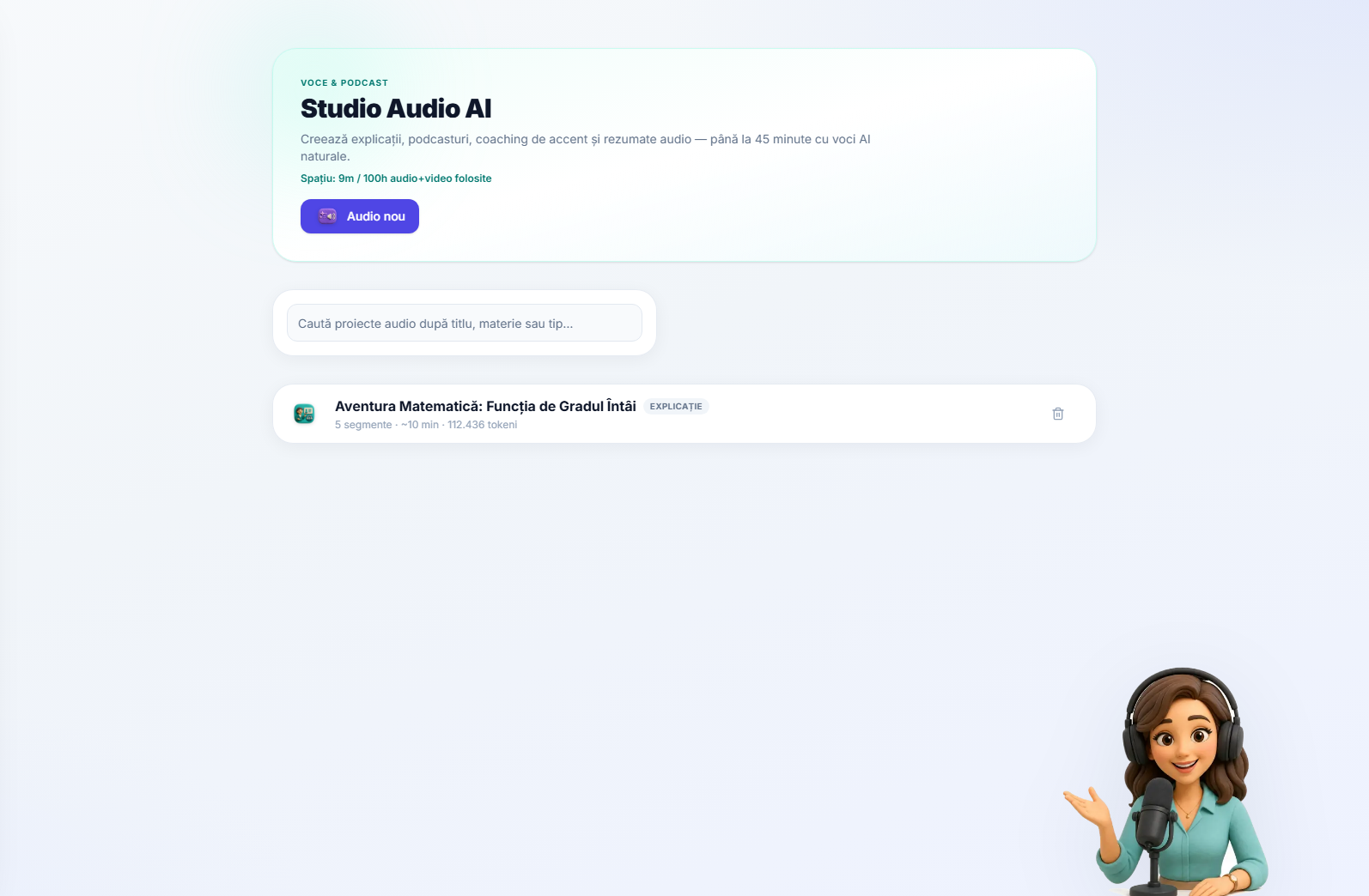 Lista audio, fiecare element arătând tipul, lungimea și costul în tokeni