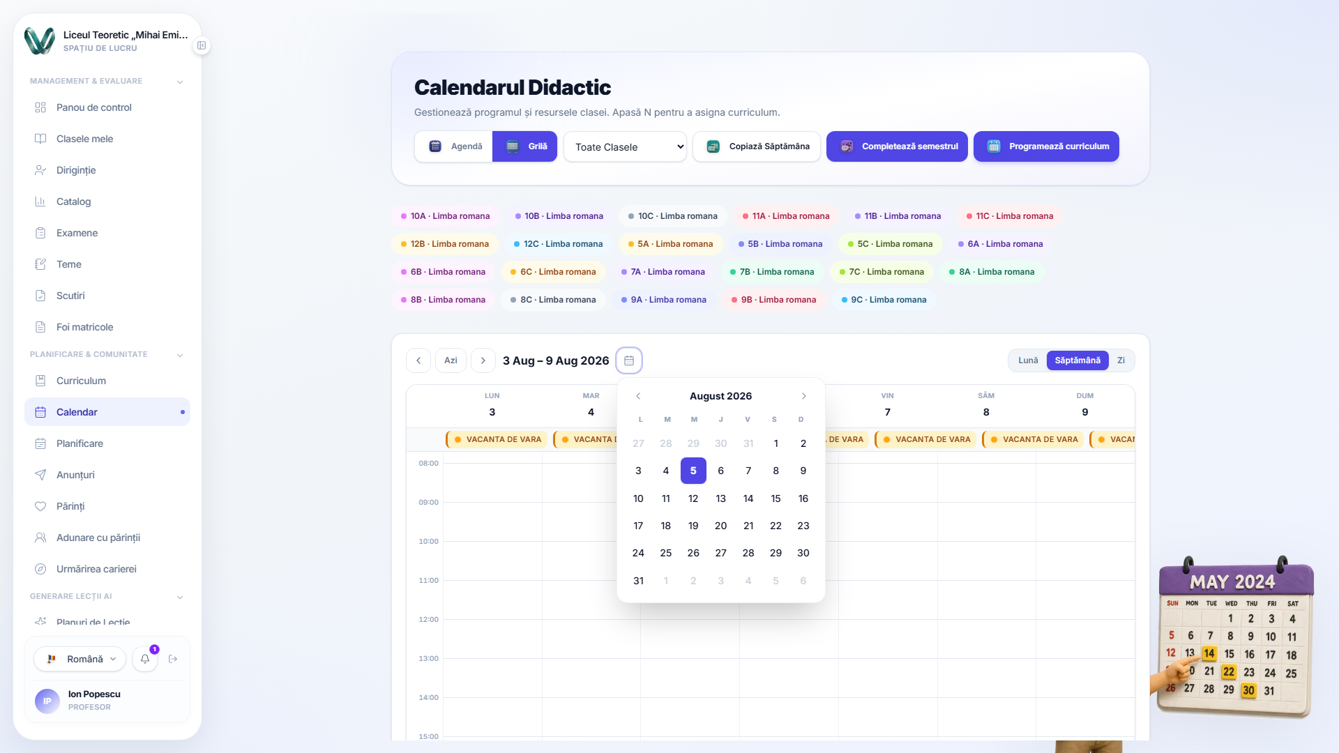 Vizualizarea săptămânală cu un calendar lunar mic deschis sub controlul intervalului de date, folosit pentru a sări direct la o dată aleasă în loc să parcurgi săptămână cu săptămână.