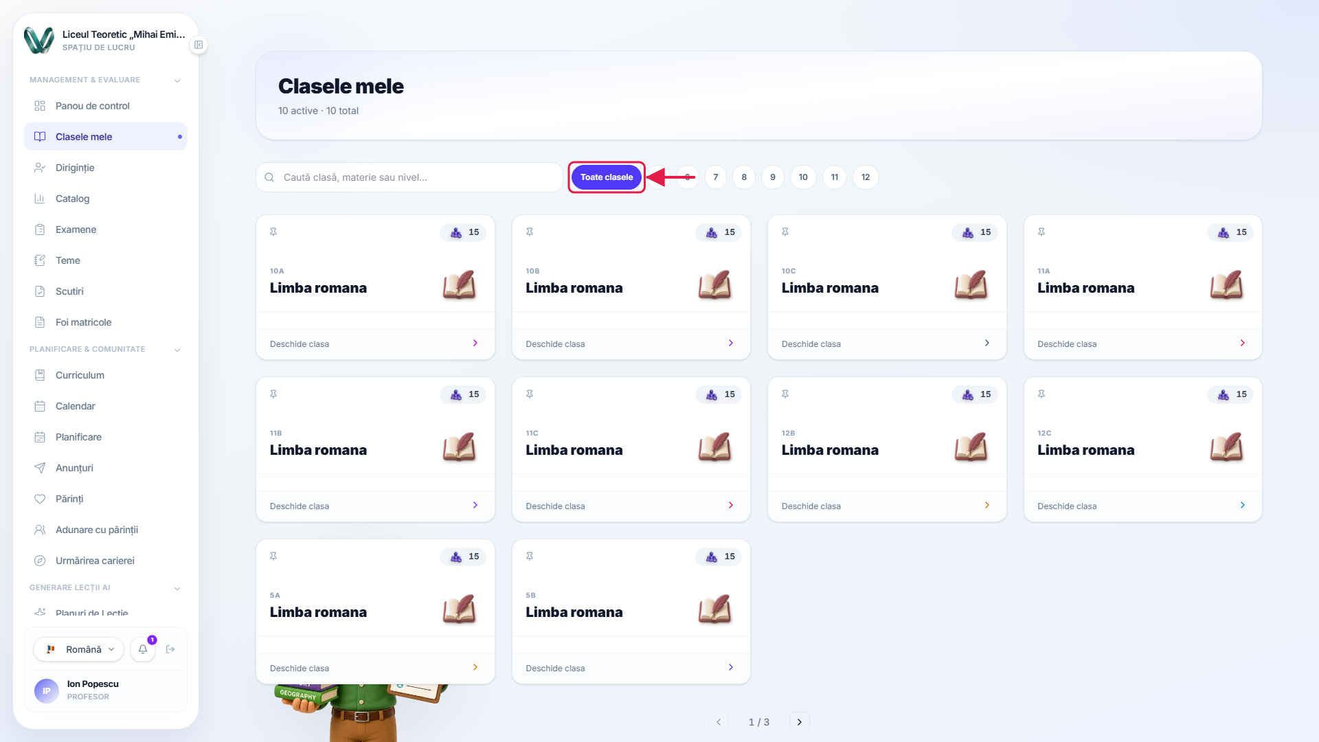 Filtrul „Toate clasele” evidențiat printre filtrele de nivel de clasă utilizate pentru a restrânge grila de clase