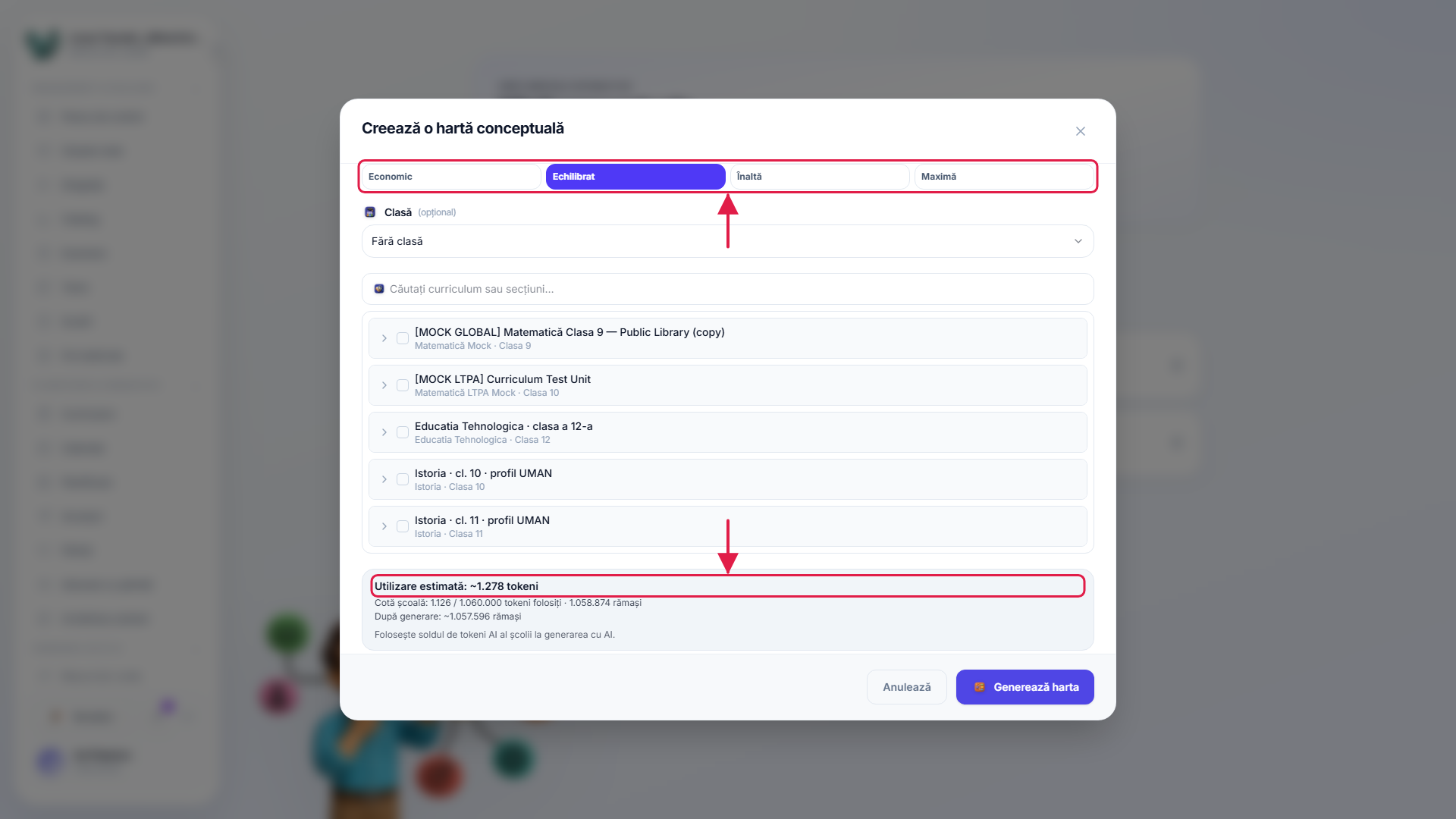 The new-concept-map dialog showing the quality tiers and their token cost