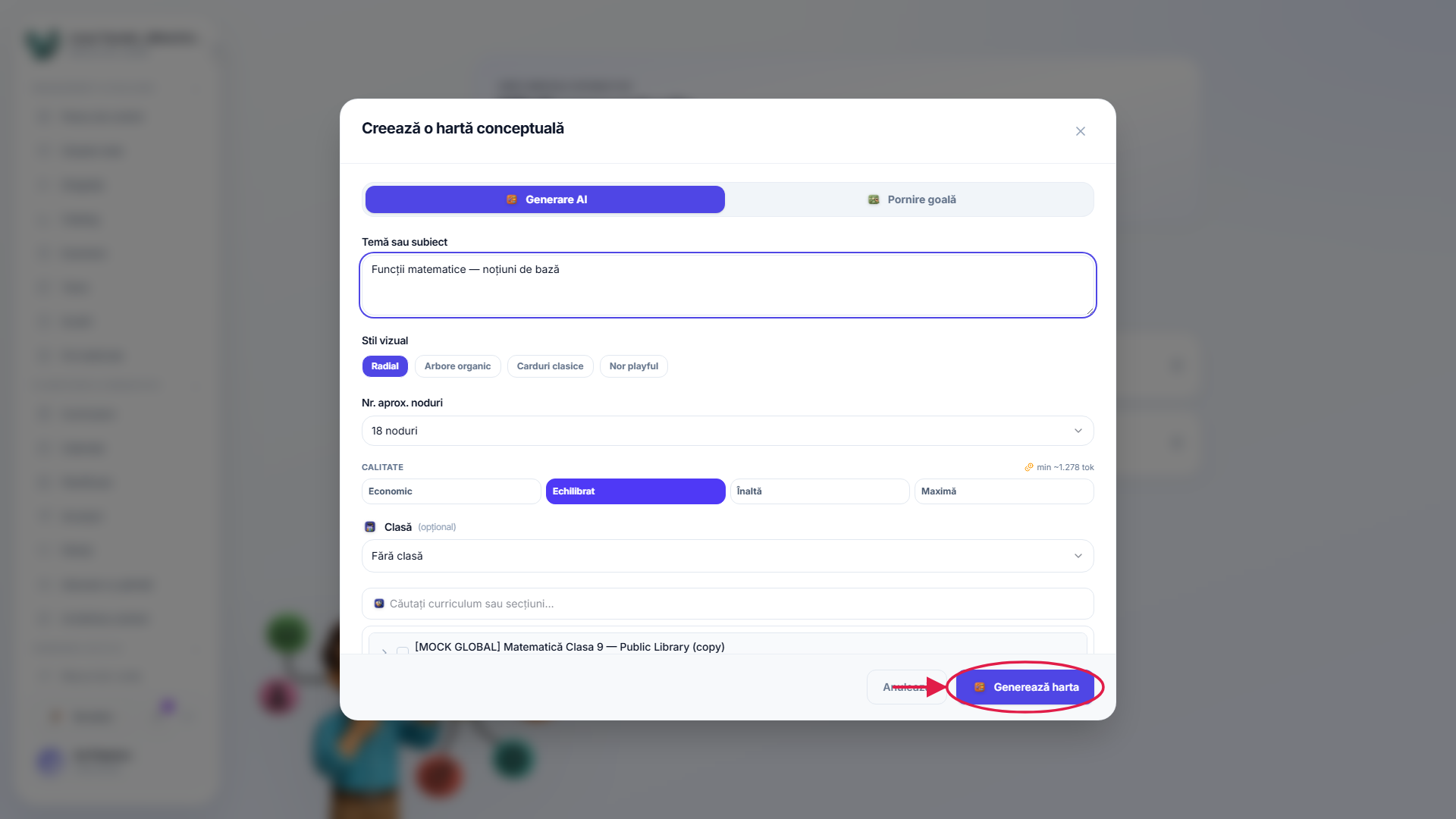 The new-concept-map dialog with the generate button highlighted