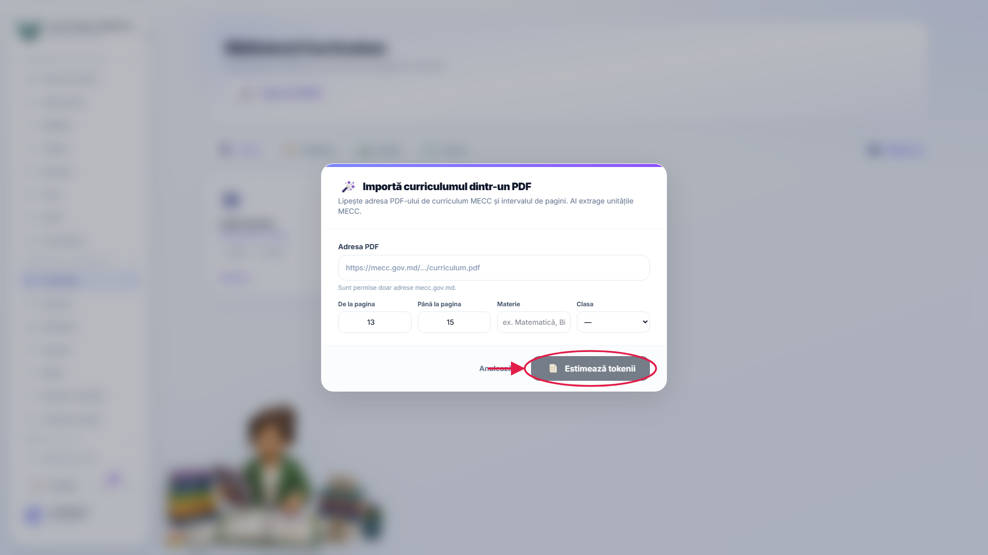 Dialogul de import AI care arată estimarea token-urilor, cu butonul de import evidențiat