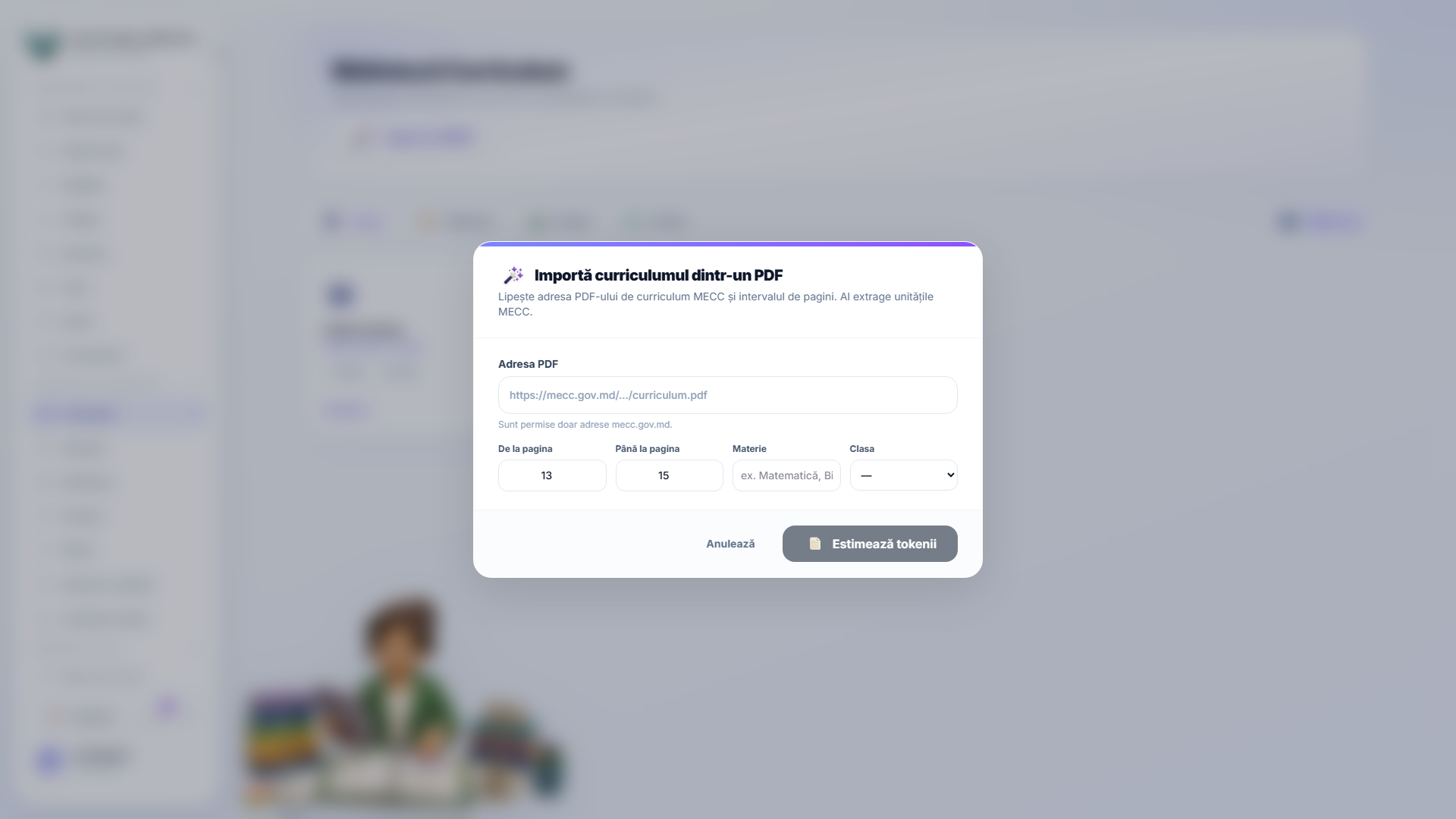 Dialogul de import AI — linkul PDF, intervalul de pagini, disciplina, clasa și profilul