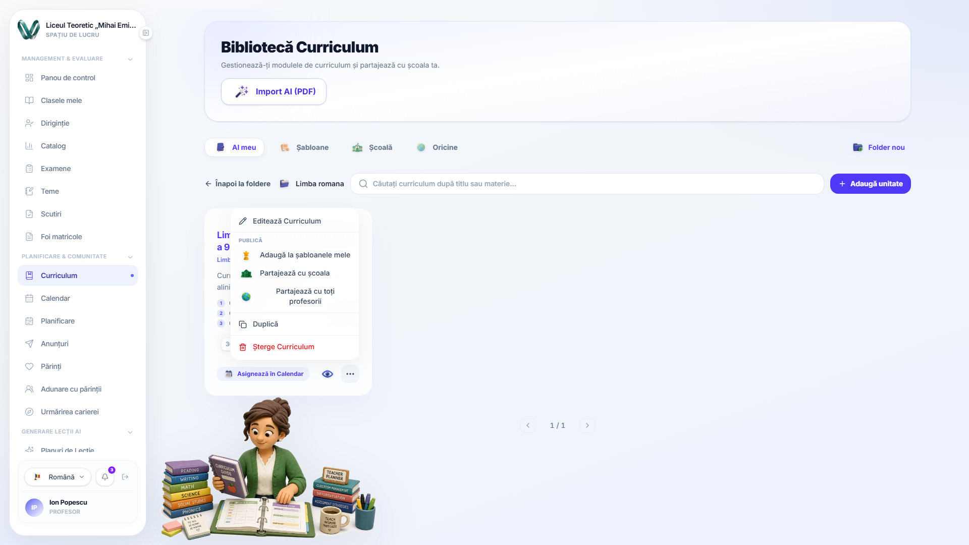 Meniul de acțiuni de pe un card de curriculum