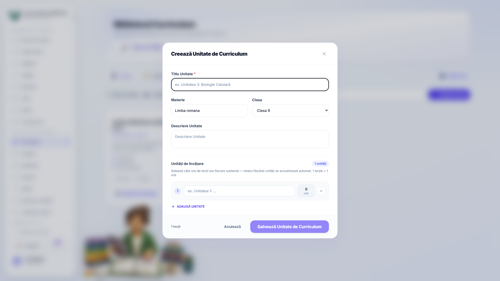 Editorul manual de curriculum — unități, ore, competențe și conținut