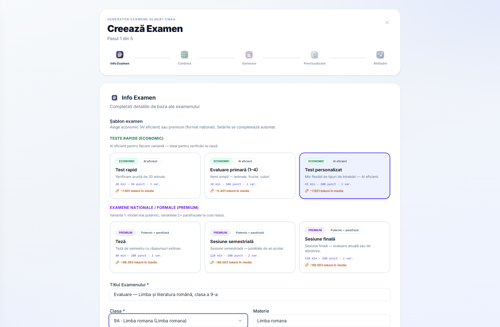 Pasul 1 al expertului de examen: carduri șablon de tip examen împărțite în teste rapide „economice” și examene premium în format național, fiecare arătând durata, punctele, variantele și un cost estimat al token-urilor, deasupra câmpurilor pentru titlu, clasă și subiect