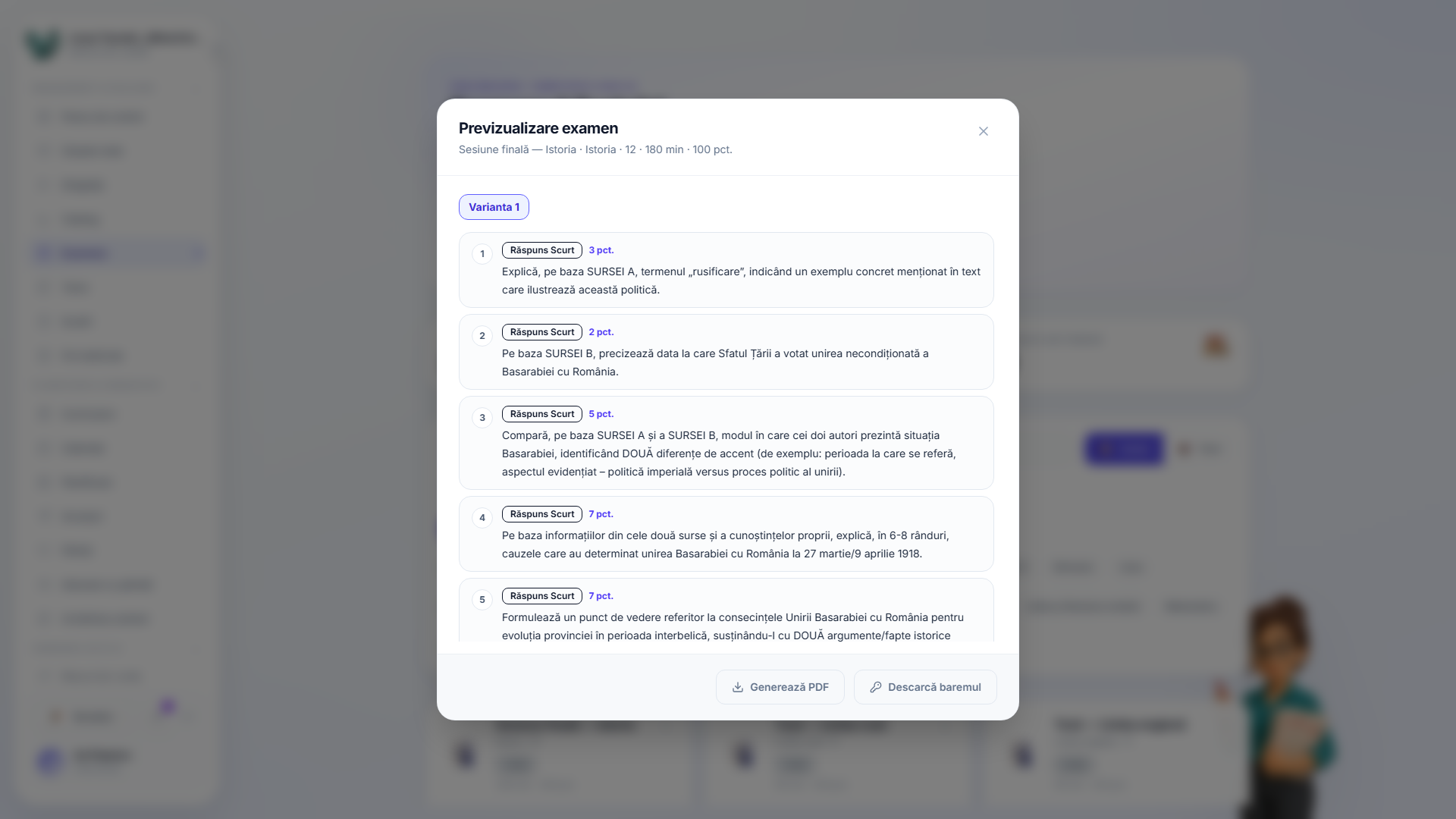 O fereastră de dialog de previzualizare a examenului doar pentru citire, accesată din lista de examene, arătând fila Varianta 1, întrebări numerotate cu valorile lor de puncte și butoane Generează PDF / Descarcă cheia de corectare