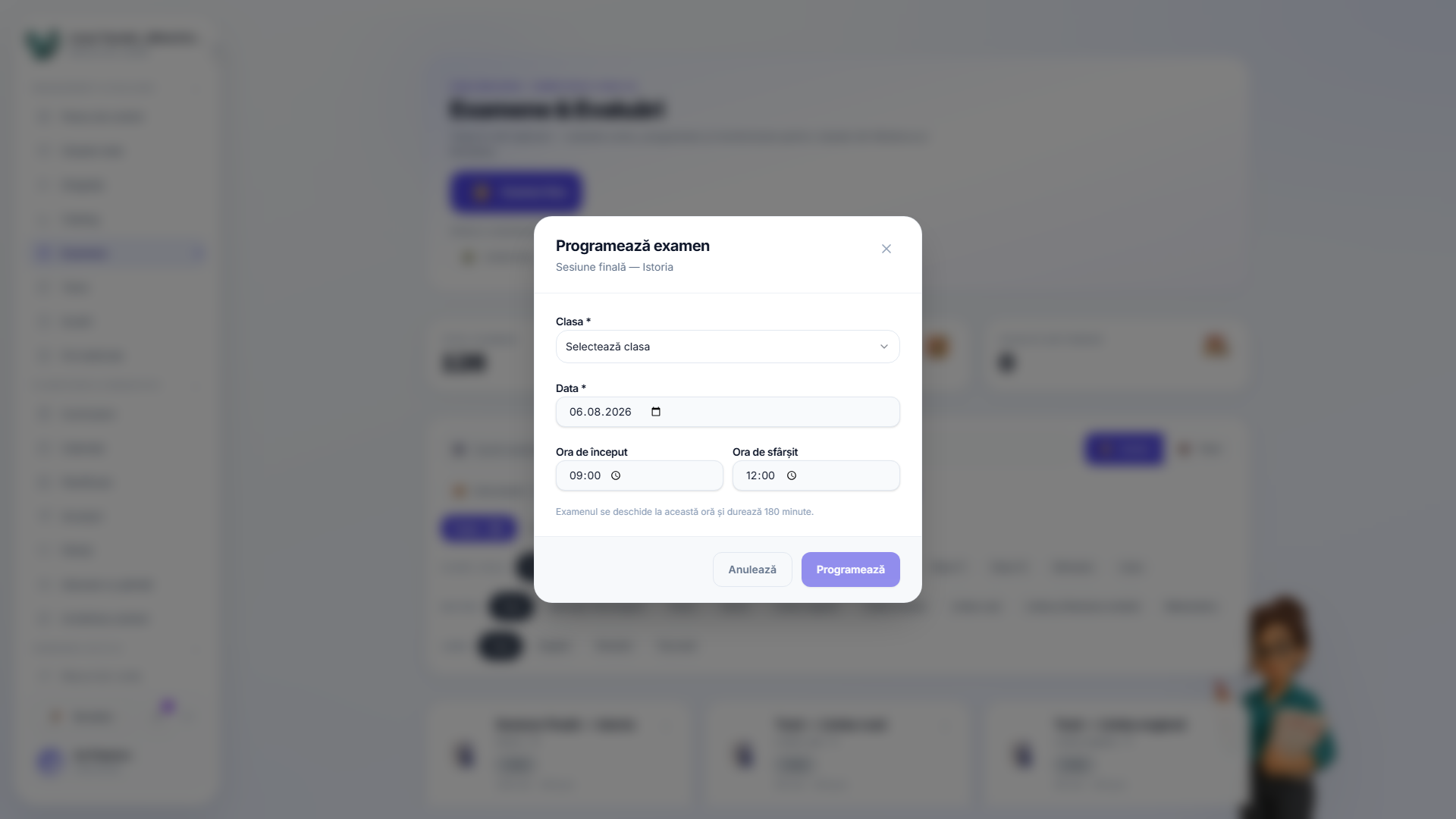 Meniul de acțiuni al unui card de examen deschis, listând Editează, Previzualizează și Previzualizează ca elev — redeschiderea Editează pe un proiect revine la pasul Atribuie al expertului