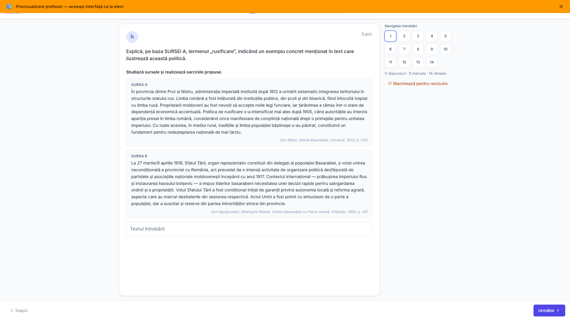 Ecranul de examen pentru elevi afișat în modul previzualizare: un banner portocaliu „previzualizare profesor — aceeași interfață ca și elevii”, o întrebare de istorie bazată pe surse cu două pasaje citate și o bară laterală de navigare cu 14 întrebări
