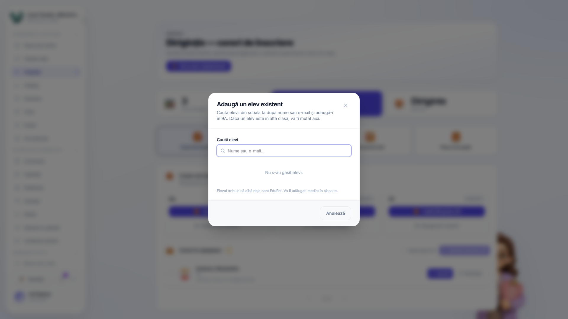Dialogul de adăugare a unui elev existent, căutând în lista școlii